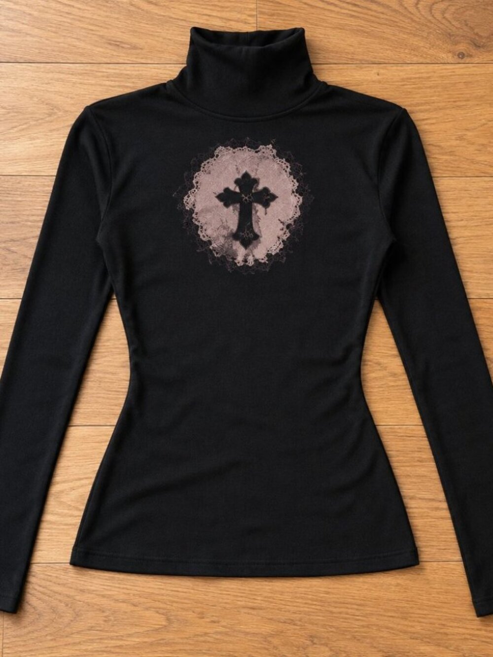Black cross graphic mock neck long sleeve - goth y2k fitted top